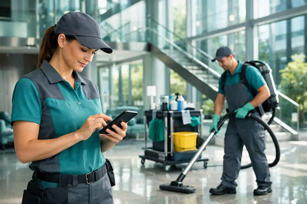 Professional cleaning team with digital time tracking