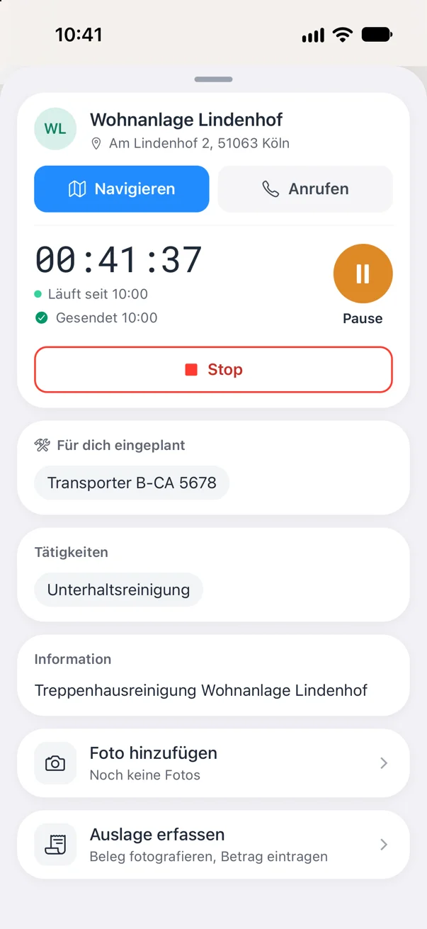 Crew Active Mitarbeiter App: Zeiterfassung mit laufendem Timer, Pause und Stopp