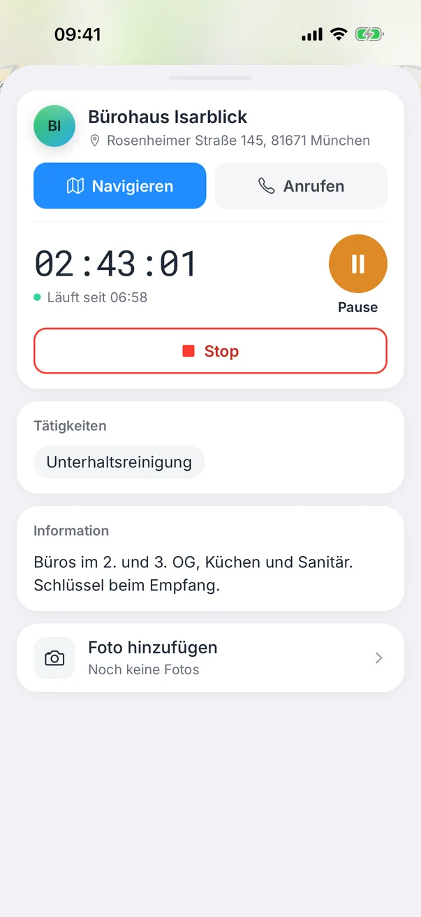 Crew Active Mitarbeiter App: Zeiterfassung mit laufendem Timer, Pause und Stopp