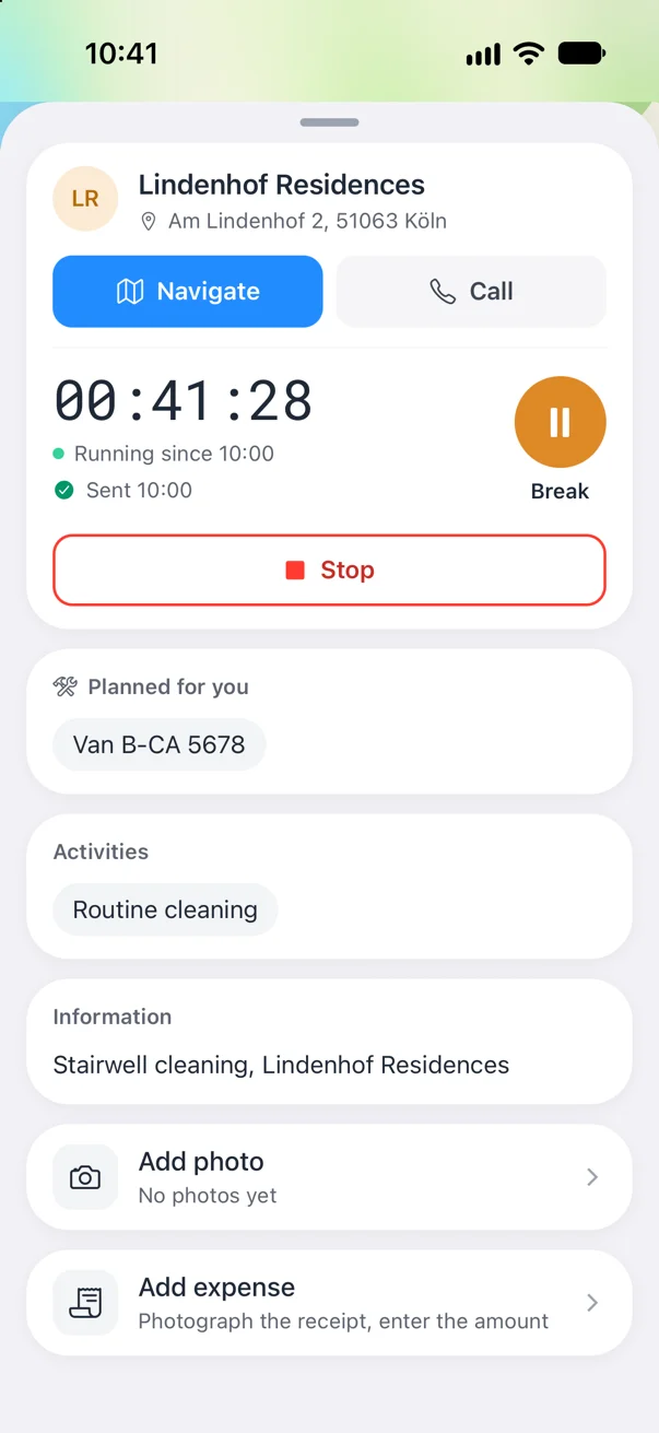 Crew Active employee app: time clock with the running timer, Break and Stop