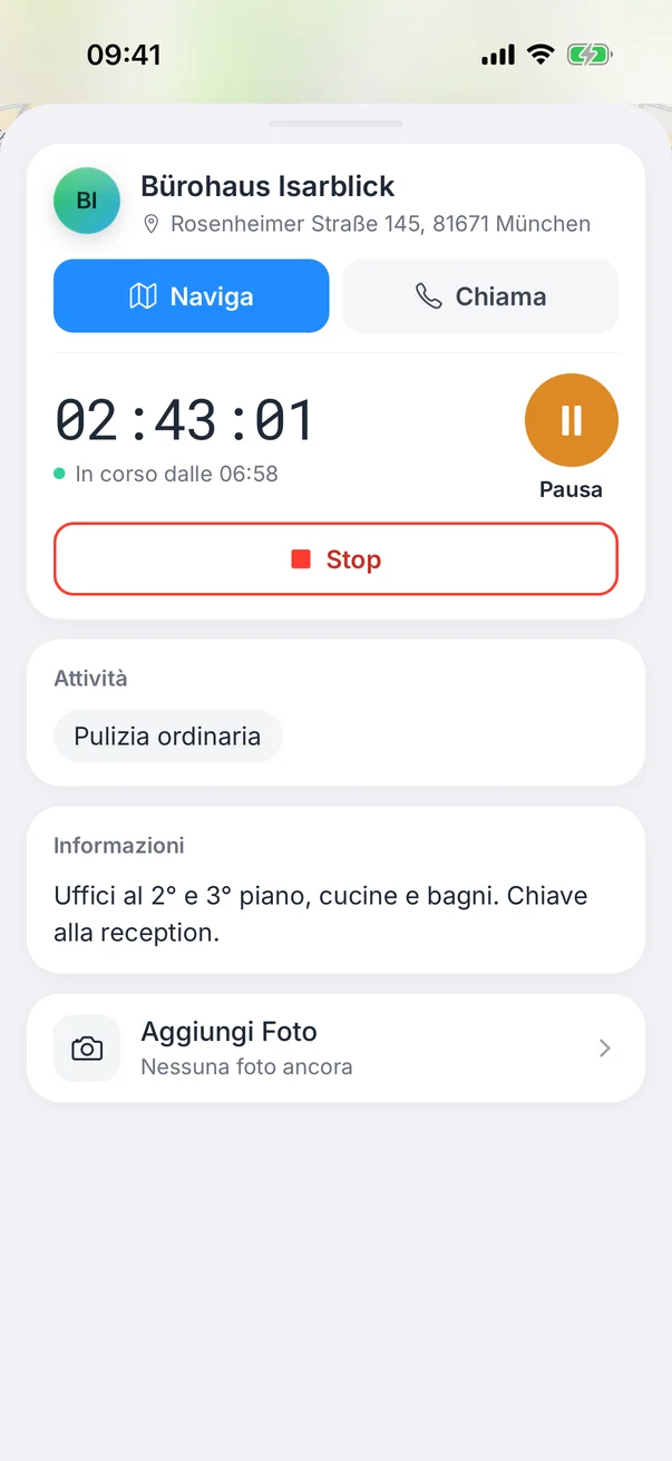 App dipendenti Crew Active: rilevazione presenze con il timer in corso, Pausa e Stop