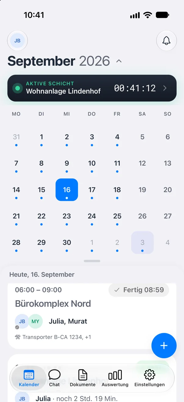 Crew Active Mitarbeiter App: der Einsatzplan des Monats und die Einsätze von heute