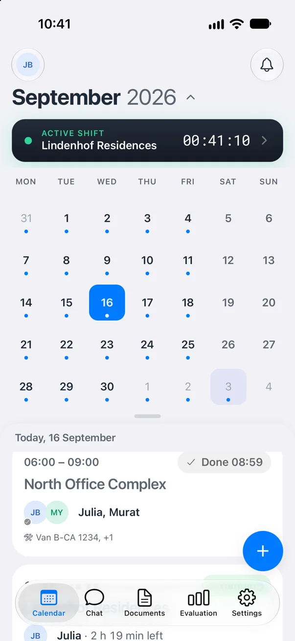Crew Active employee app: the month's schedule and today's jobs