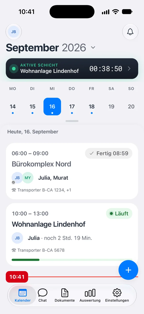 Crew Active Mitarbeiter App: Julia Beckers Kalender für Mittwoch, 16. September, mit der laufenden Schicht in der Wohnanlage Lindenhof und ihren Einsätzen von heute (Beispieldaten)