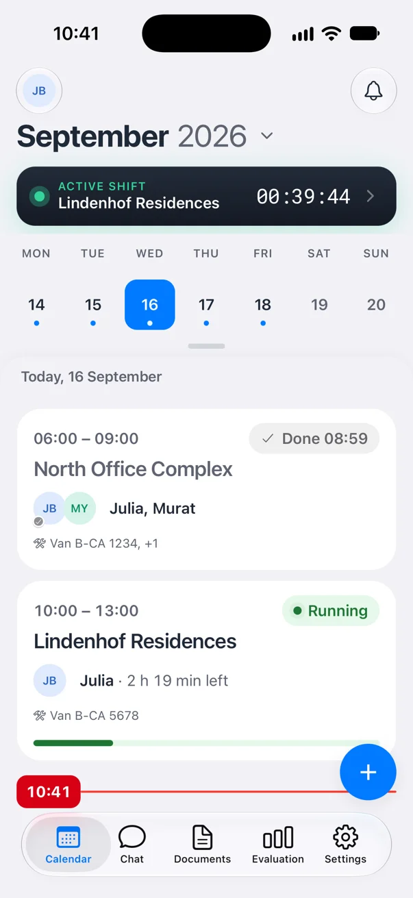Crew Active employee app: Julia Becker's calendar for Wednesday, 16 September, with her running shift at Lindenhof Residences and today's assignments (sample data)