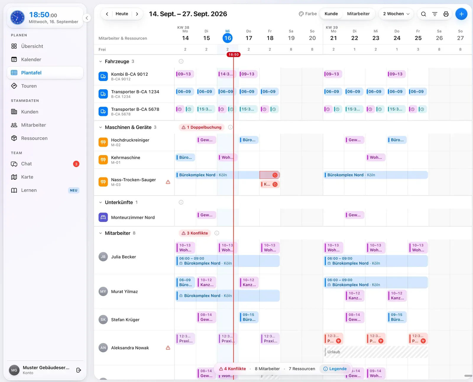 Plantafel in Crew Active: Mitarbeiter als Zeilen, zwei Wochen als Spalten, mit Einsätzen und Urlaub (Beispieldaten)
