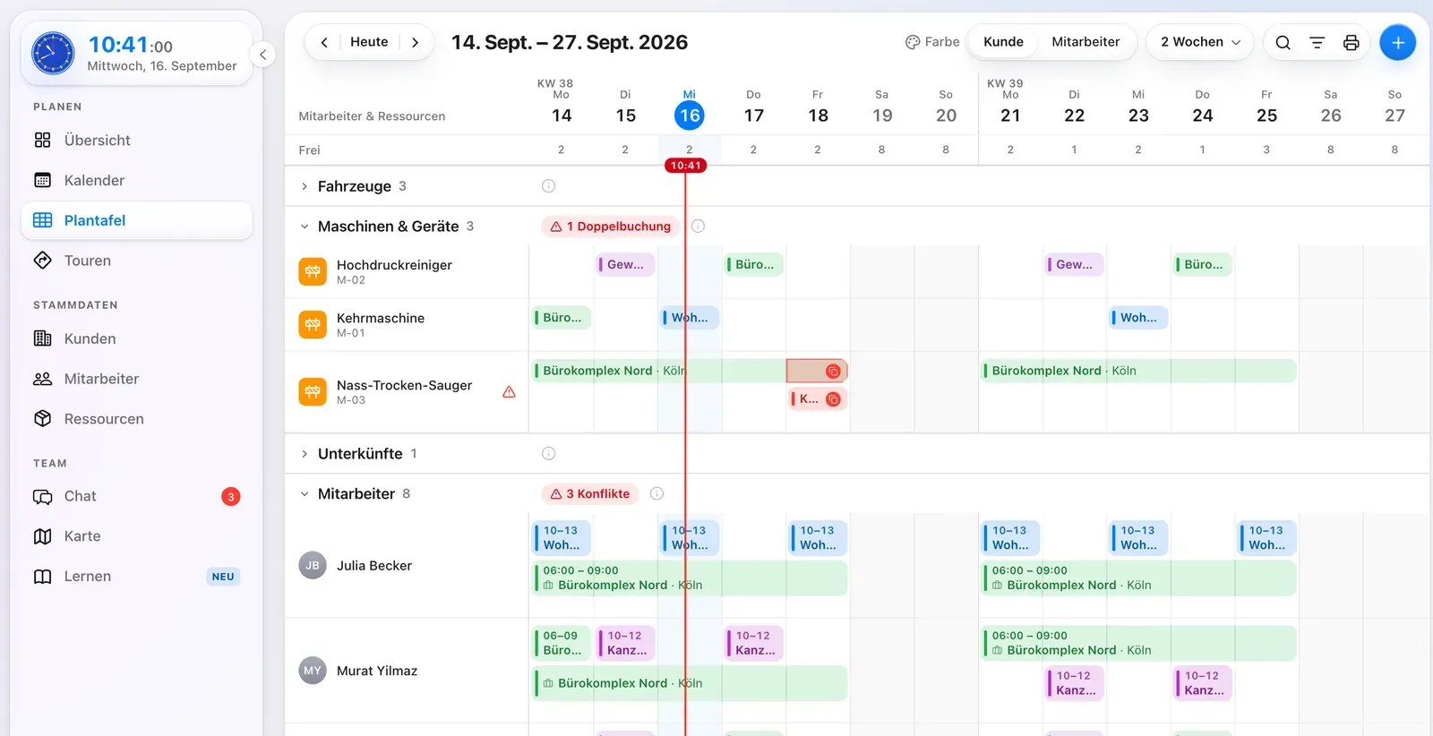 Plantafel in Crew Active: Maschinen und Mitarbeiter als Zeilen, zwei Wochen als Spalten, mit Einsätzen und einer Doppelbuchung; Fahrzeuge und Unterkünfte zugeklappt (Beispieldaten)