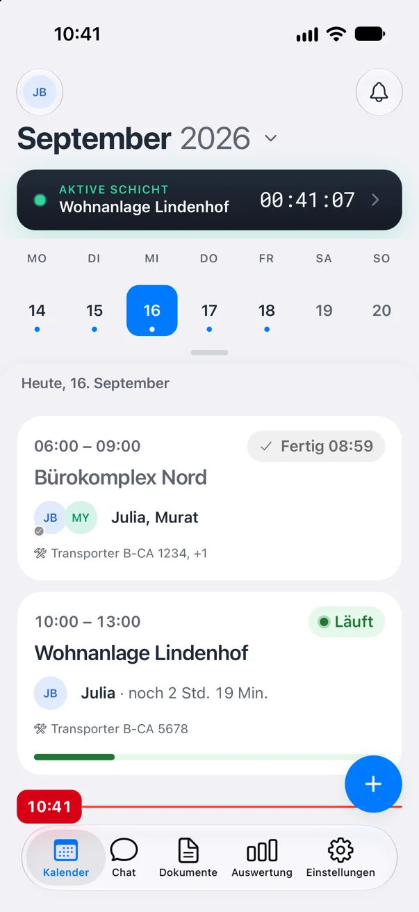 Crew Active Mitarbeiter App: die Einsätze von heute und die laufende Schicht