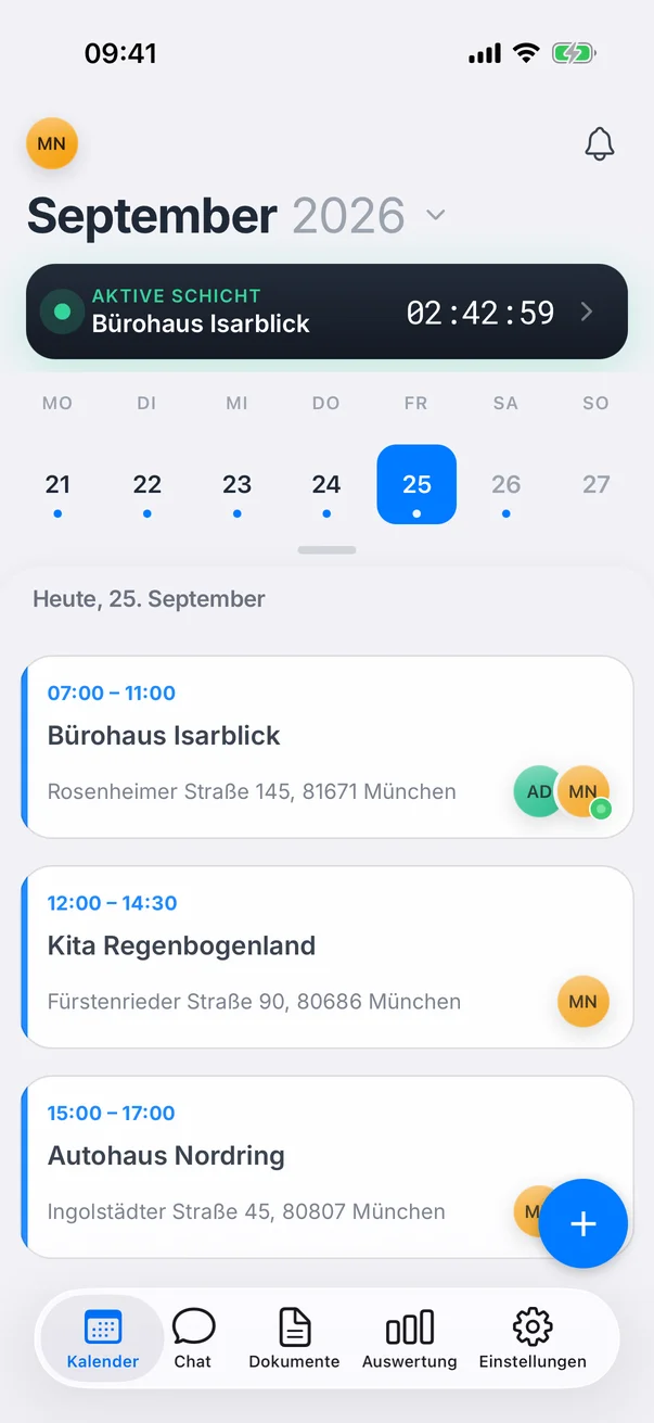 Crew Active Mitarbeiter App: die Einsätze von heute und die laufende Schicht